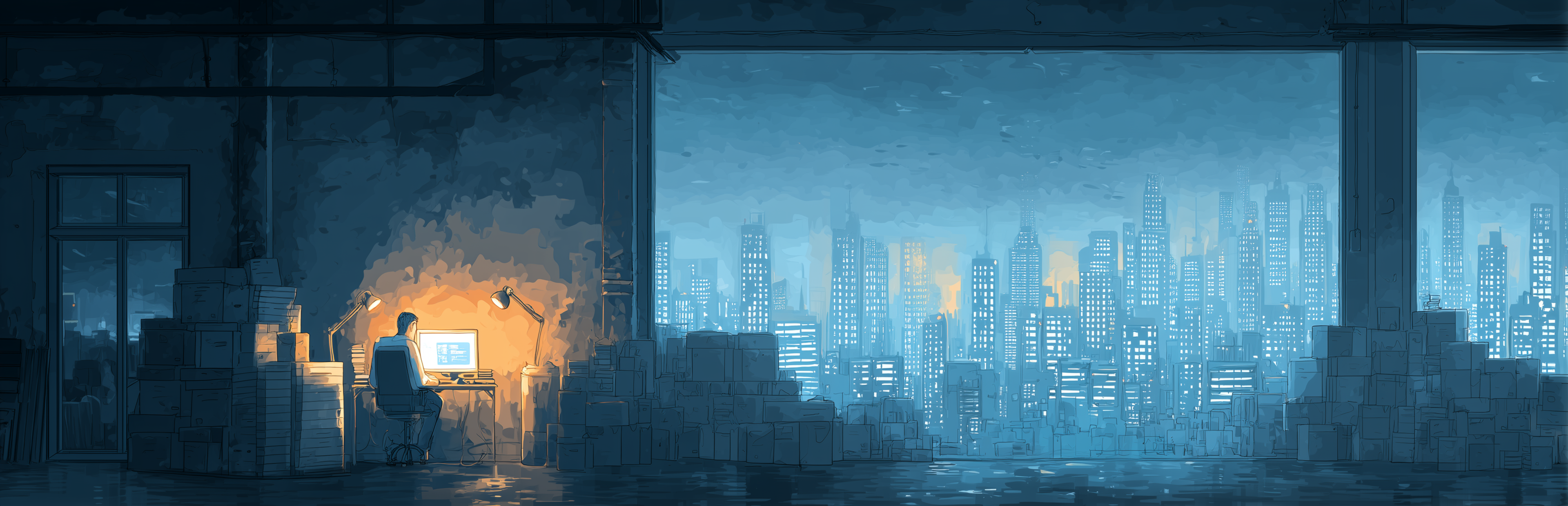A developer at a desk overlooking a growing city